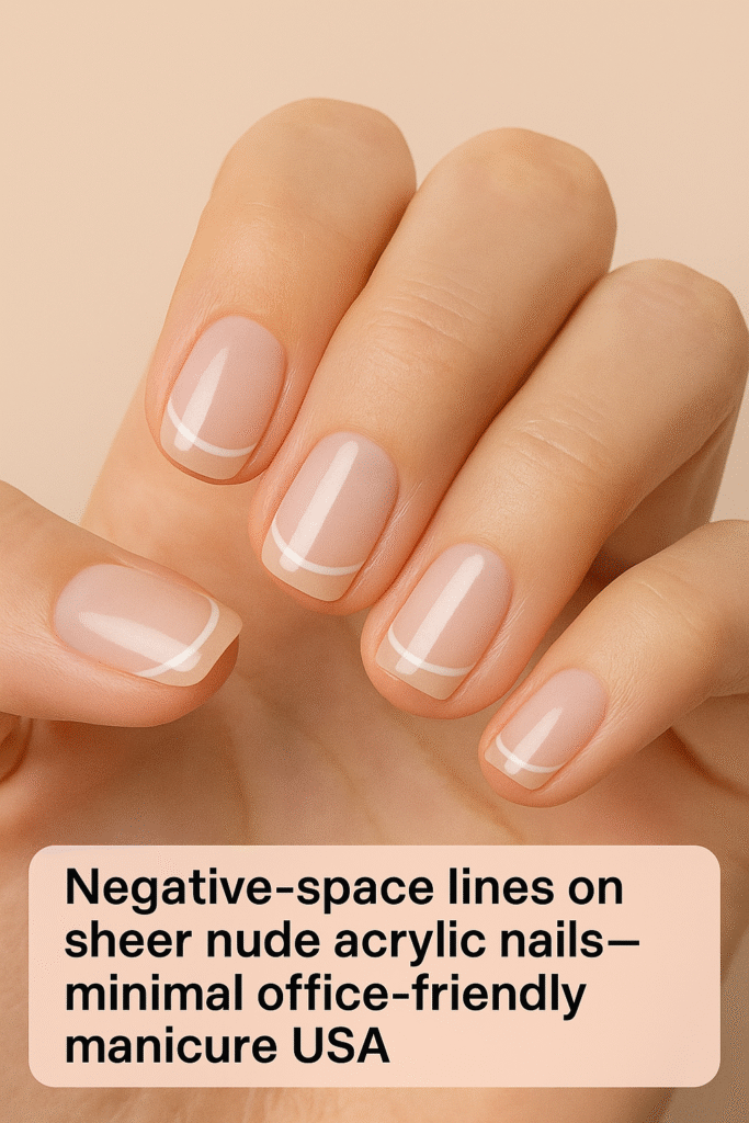 ALT: “Negative-space lines on sheer nude acrylic nails—minimal office-friendly manicure USA.”