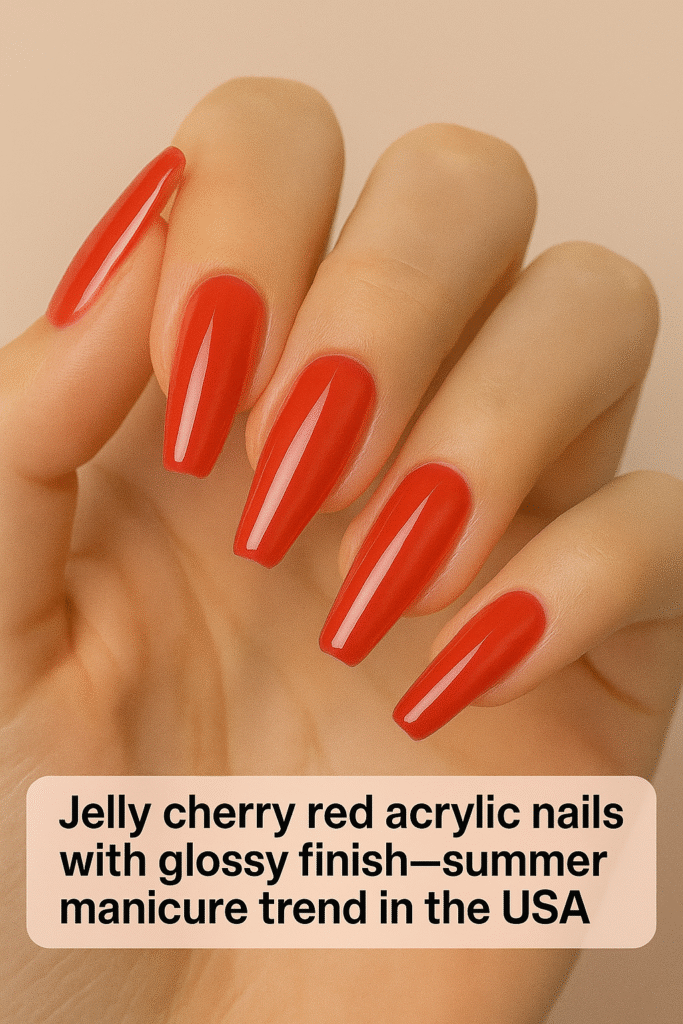 ALT: “Jelly cherry red acrylic nails with glossy finish—summer manicure trend in the USA.”