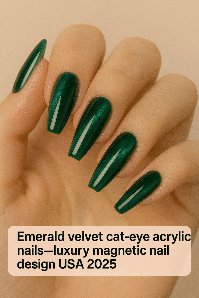 ALT: “Emerald velvet cat-eye acrylic nails—luxury magnetic nail design USA 2025.”