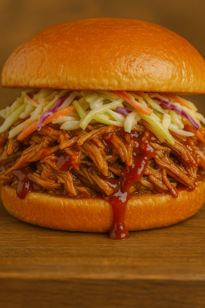 Pulled pork sandwich topped with BBQ sauce and coleslaw on a toasted bun
