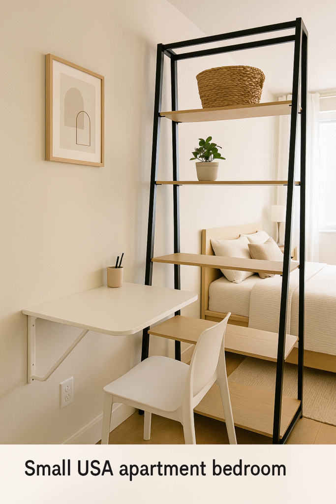 Wall-mounted fold-down desk and ladder shelf divider creating a bedroom zone in a studio apartment.
