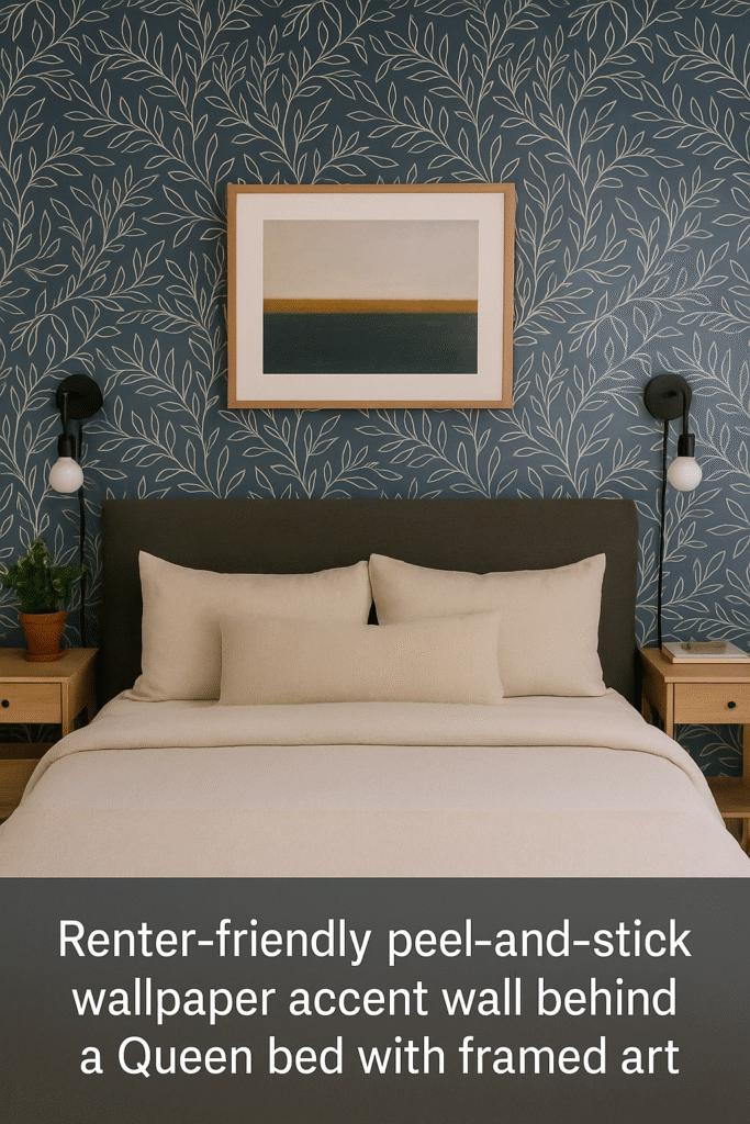 Wall-mounted fold-down desk and ladder shelf divider creating a bedroom zone in a studio apartment.