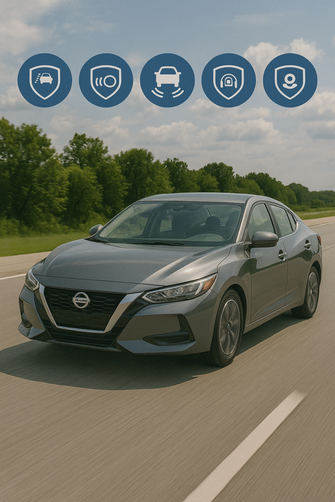 2025 Nissan Sentra on road with Safety Shield 360 logos