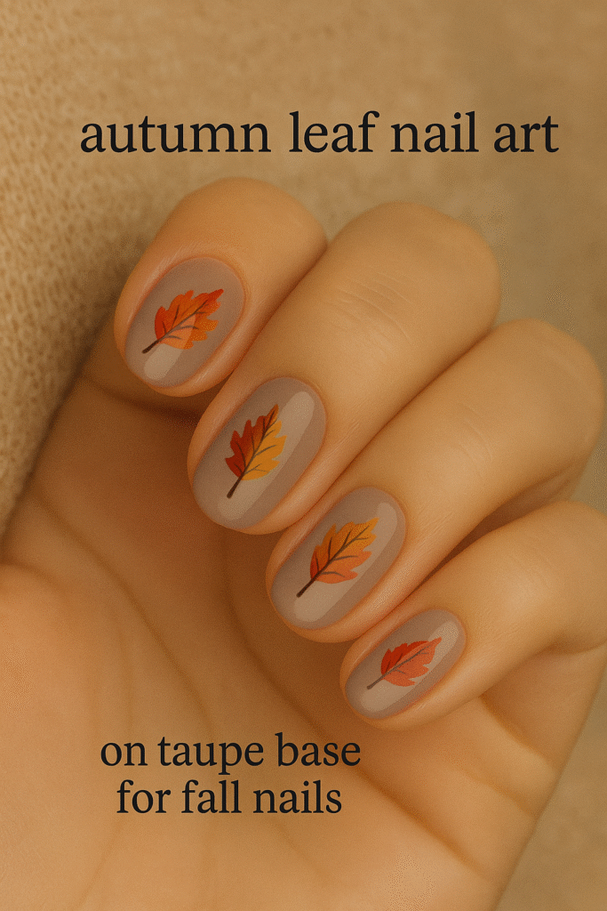 autumn leaf nail art on taupe base for fall nails