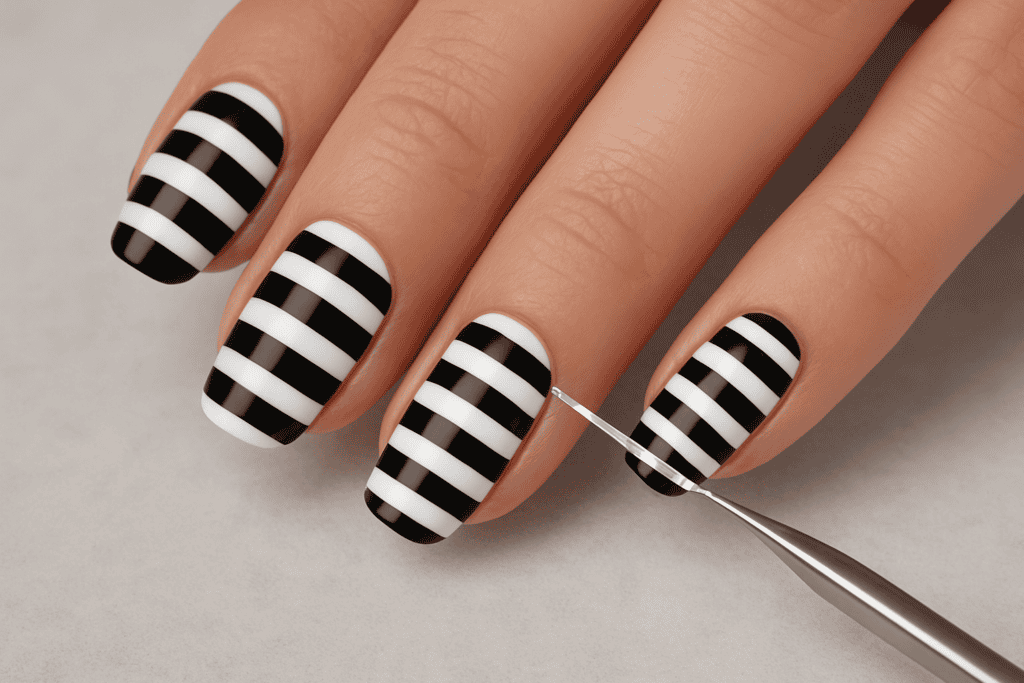 Black and white striped nail art with nail tape