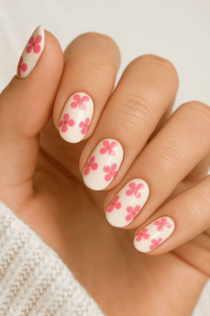Simple floral nail art with pink flowers on white nails