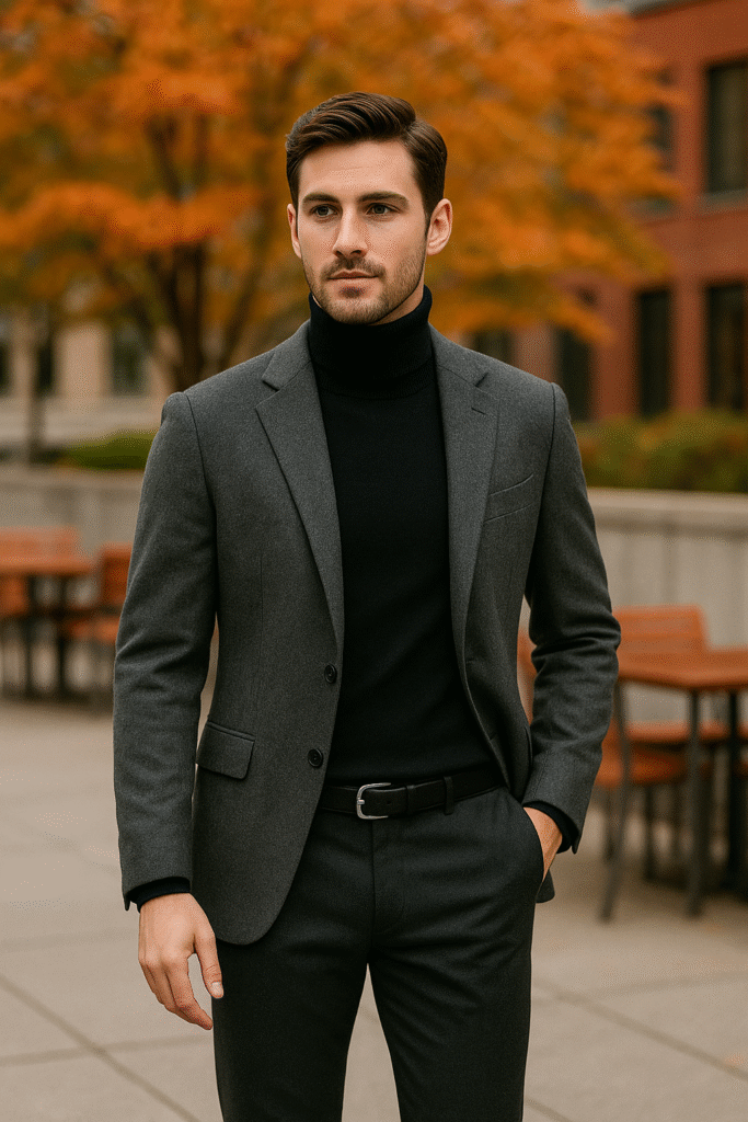 Men’s fall outfit date night look with blazer and turtleneck in 2025.