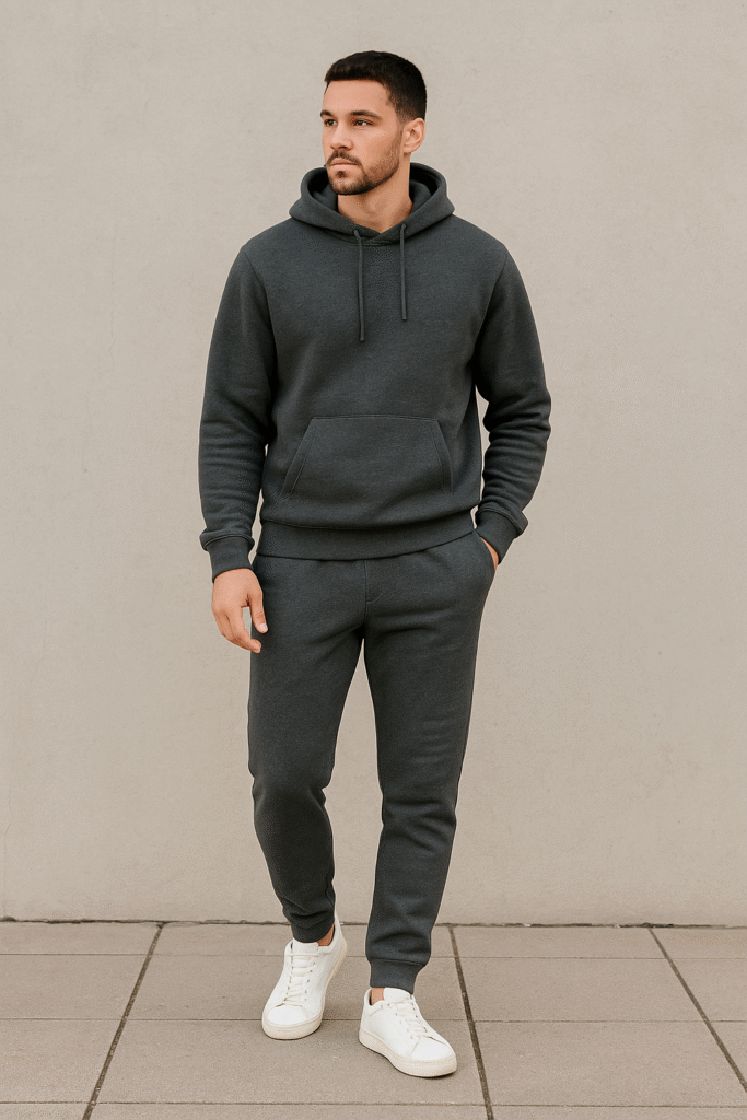 Men’s fall outfit athleisure with joggers and hoodie in 2025.