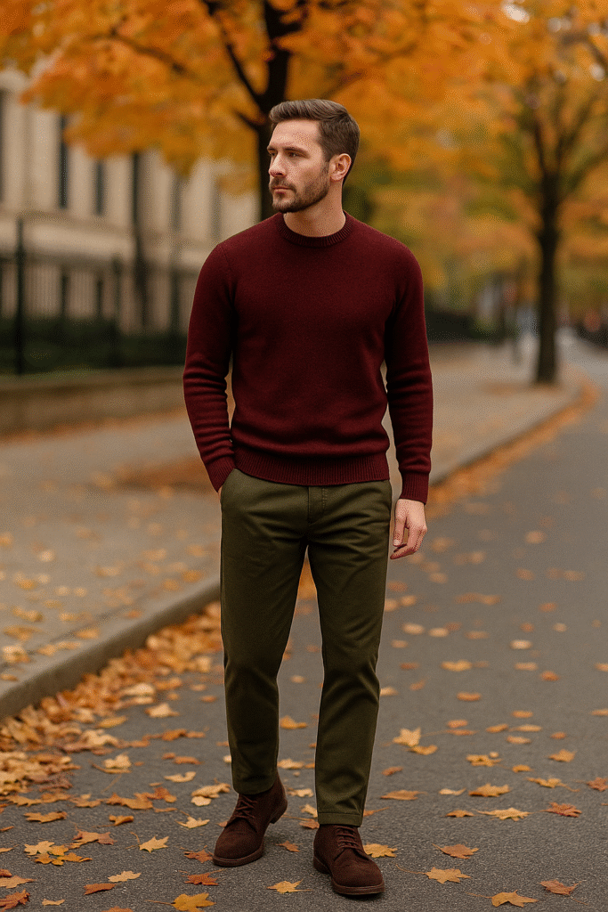 Men’s fall outfit essentials with burgundy sweater and olive trousers in 2025.