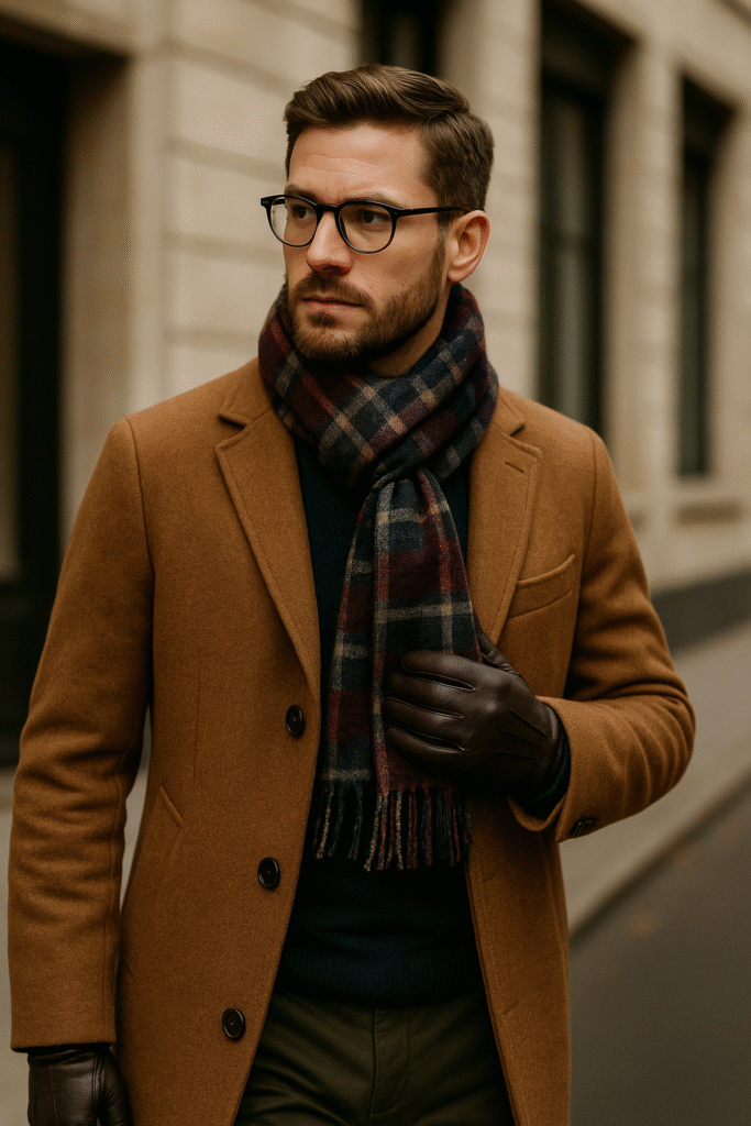 Men’s fall outfit accessories with plaid scarf and leather gloves in 2025.