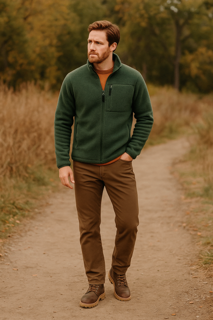 Men’s fall outfit for weekend adventure with fleece jacket and boots in 2025.