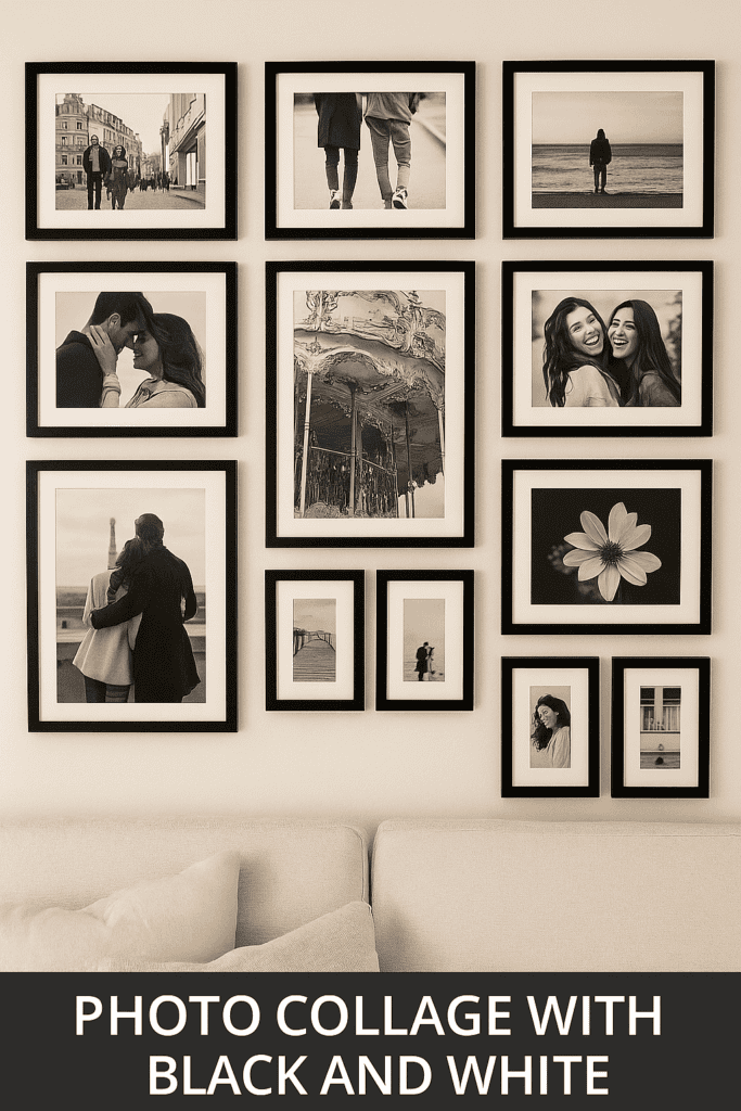 Photo collage with black and white photos in a gallery wall setup