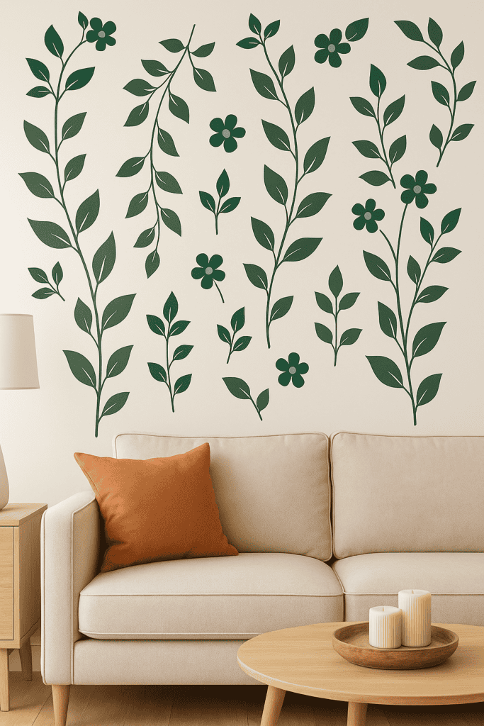 Wall decals of leafy vines and flowers in a modern living room