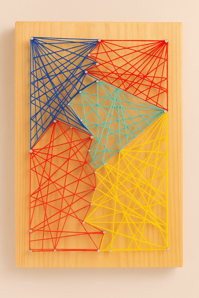 DIY string art on wood with geometric design and colorful strings