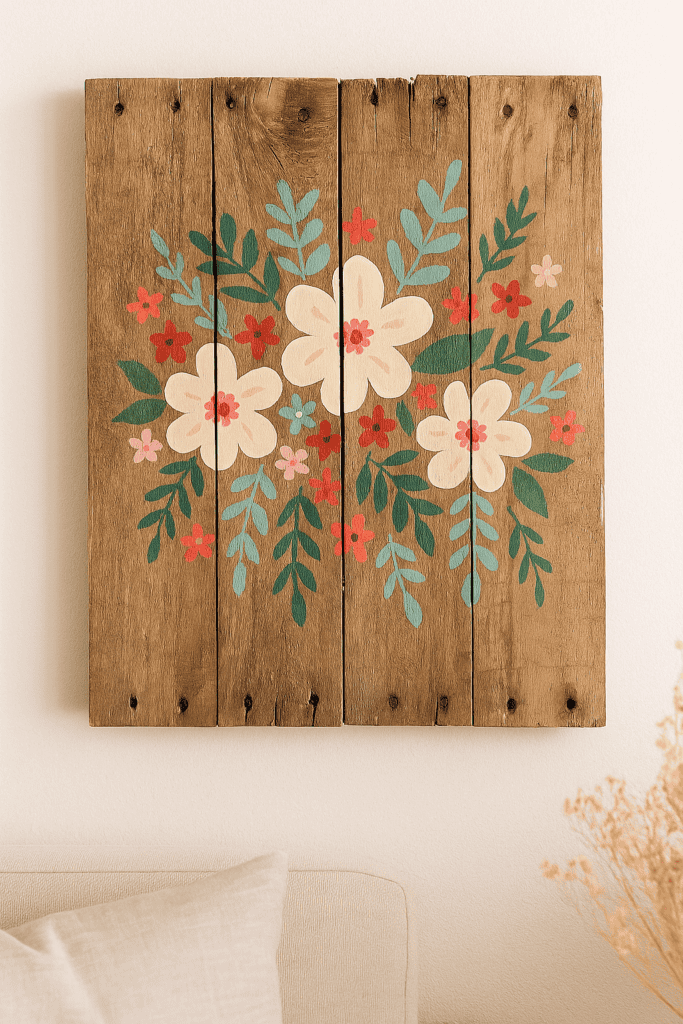 Rustic wooden pallet with painted floral design as wall art