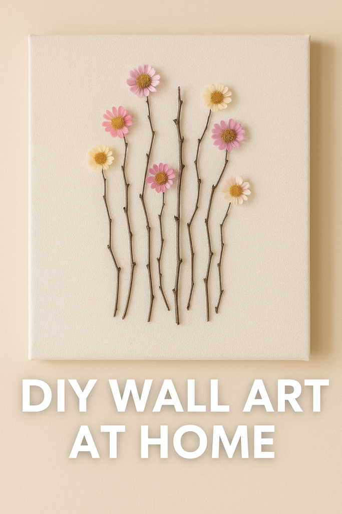 DIY wall art featuring dried flowers and twigs on canvas