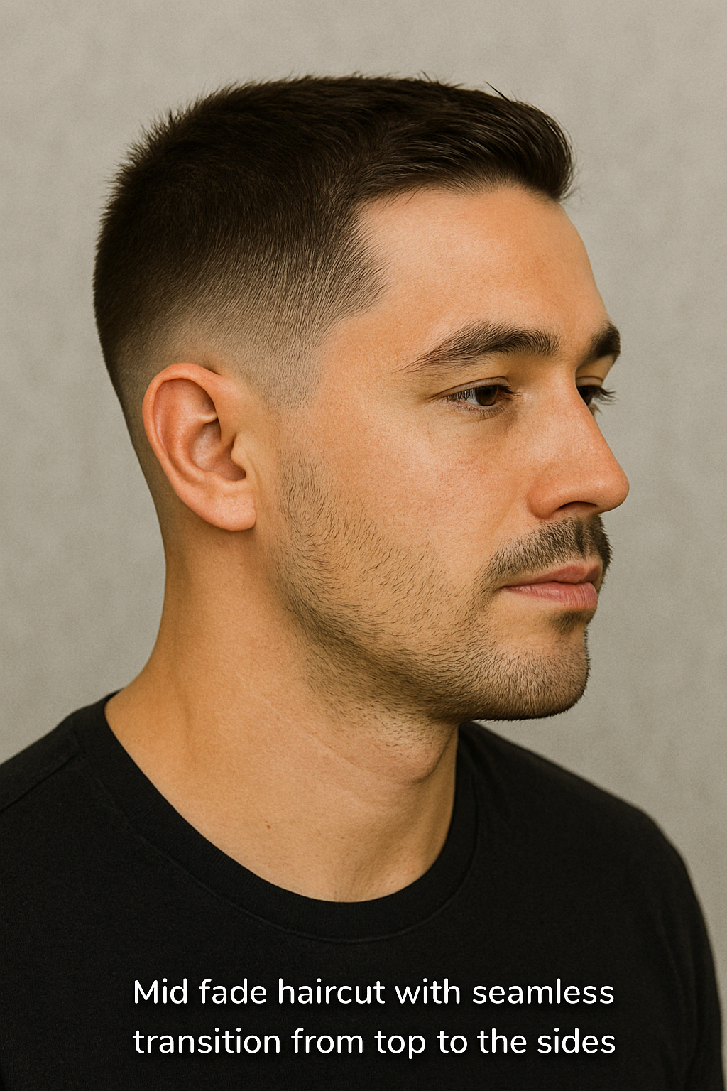Mid fade haircut with a seamless transition from the top to the sides