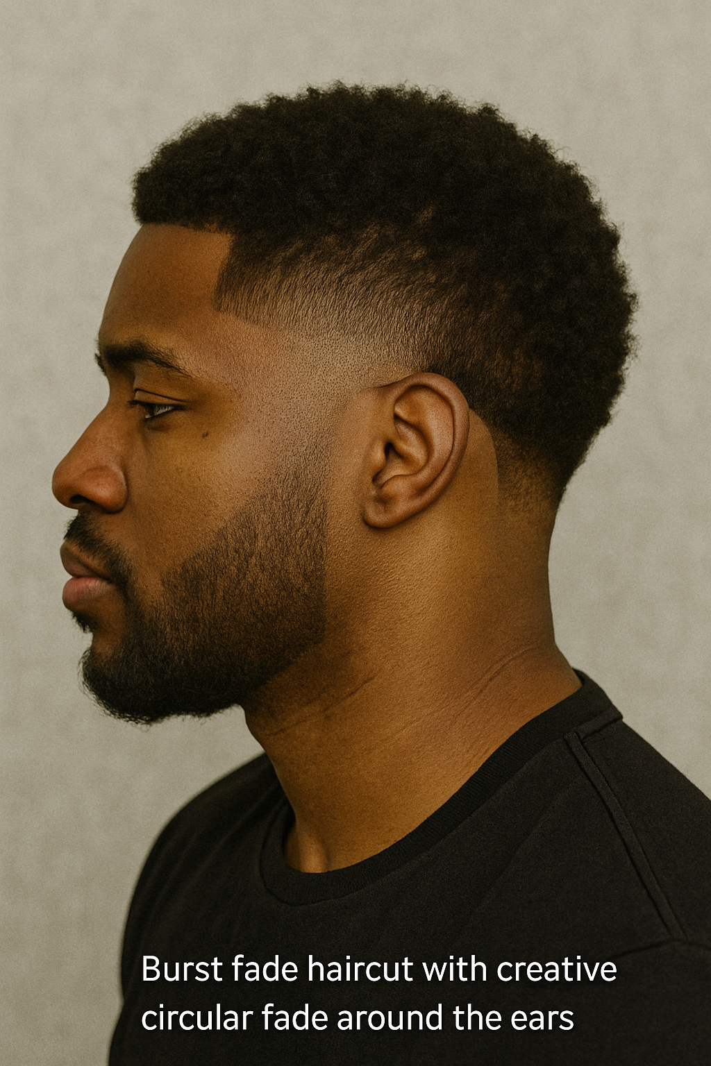 Burst fade haircut with a creative circular fade around the ears