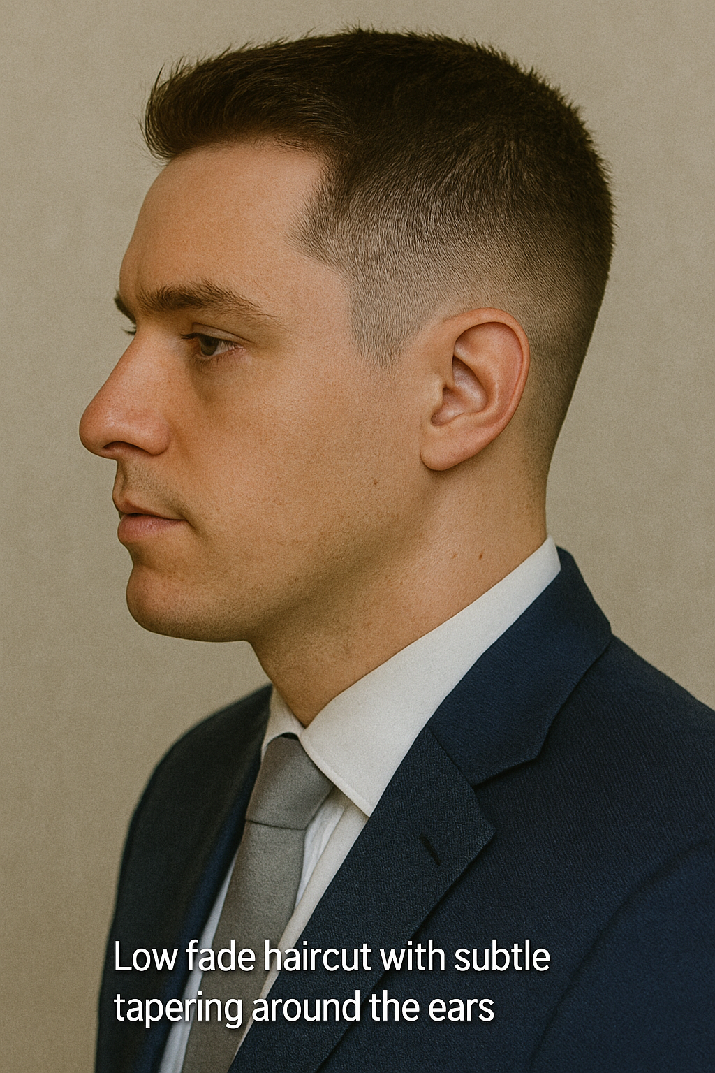 Low fade haircut with subtle tapering around the ears