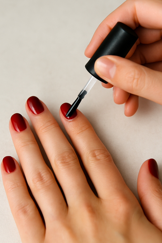 Applying a clear glossy top coat to nails