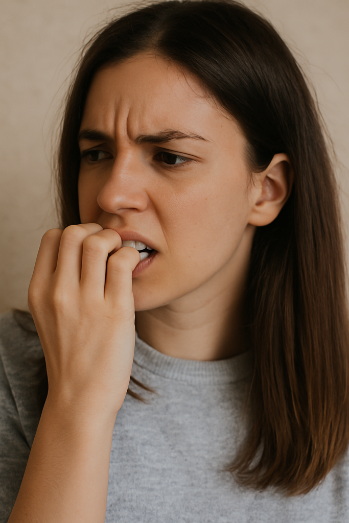 A girl resisting the urge to bite their nails.