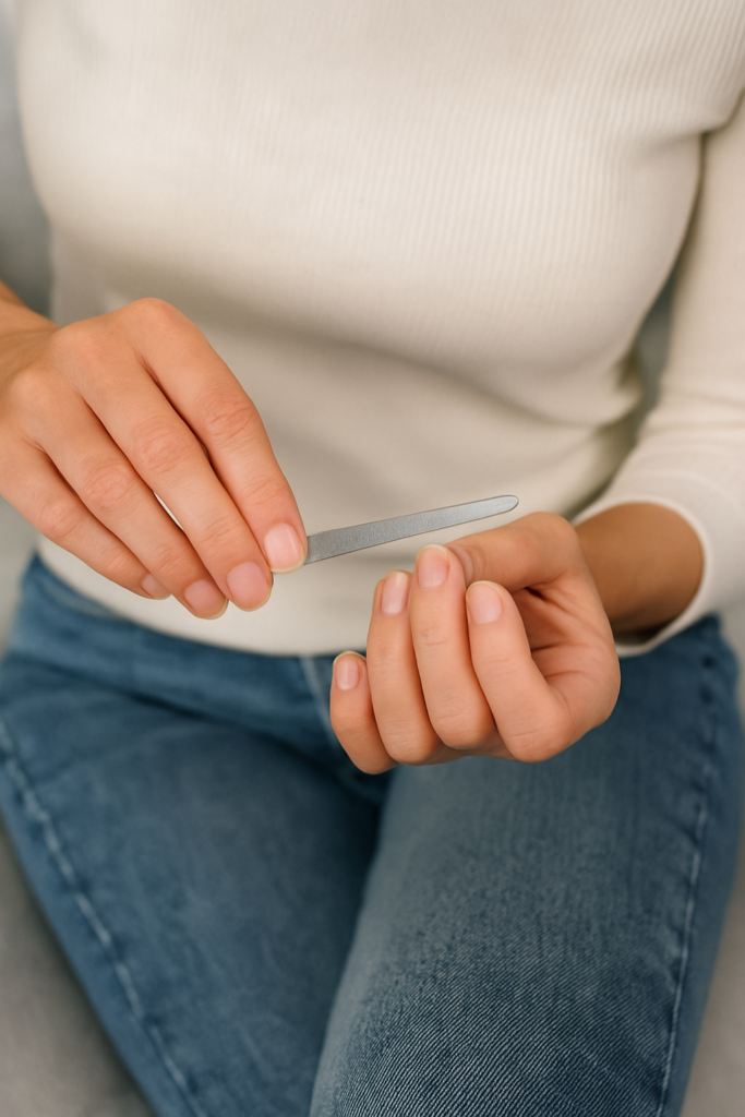 A girl trimming and shaping her nails for maintenance.