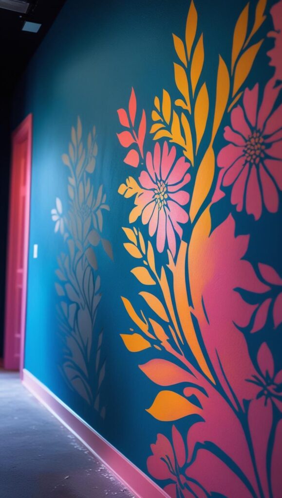 Stencilled floral design on a painted wall