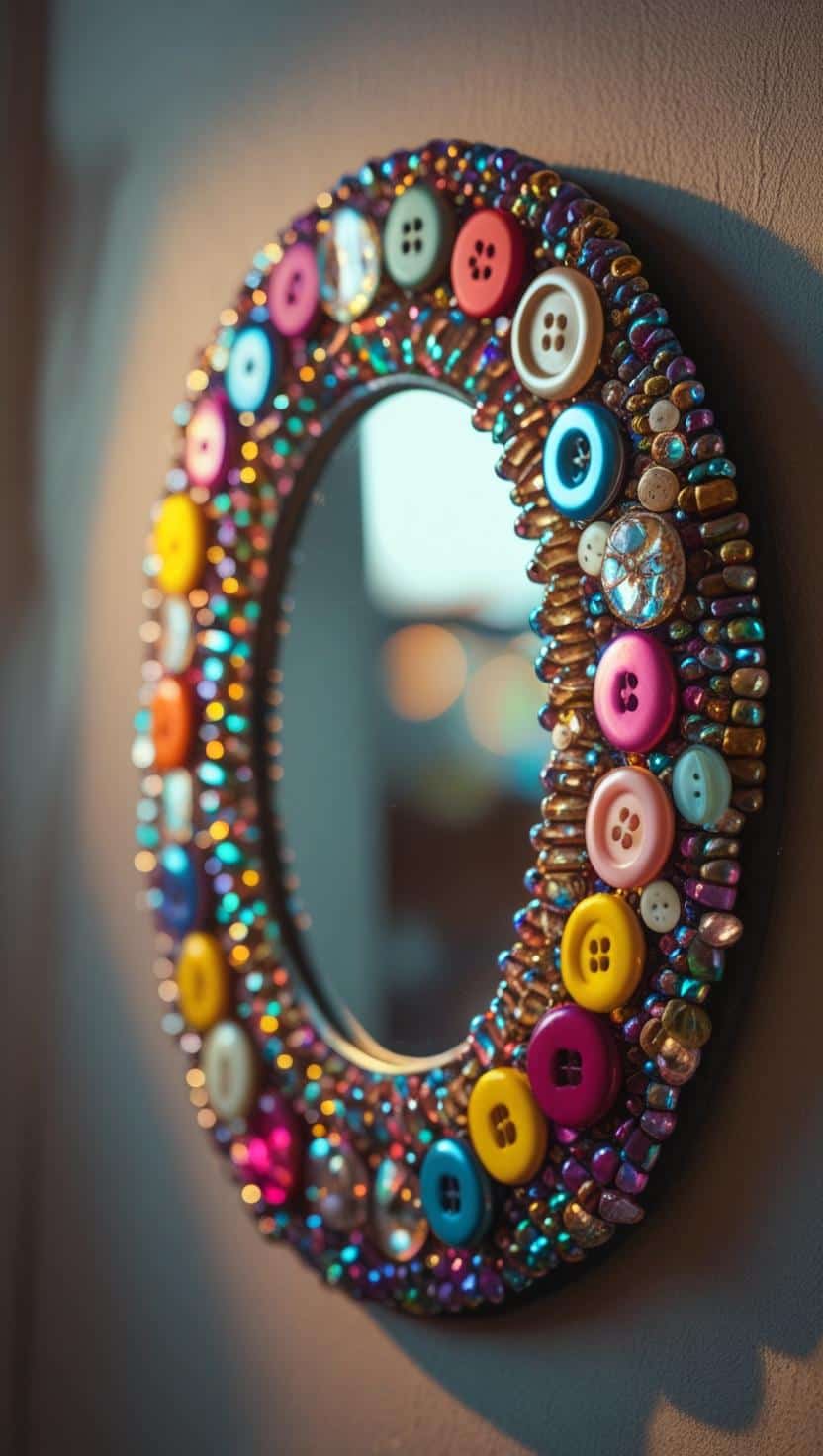 Upcycled mirror with a decorated frame of buttons and beads