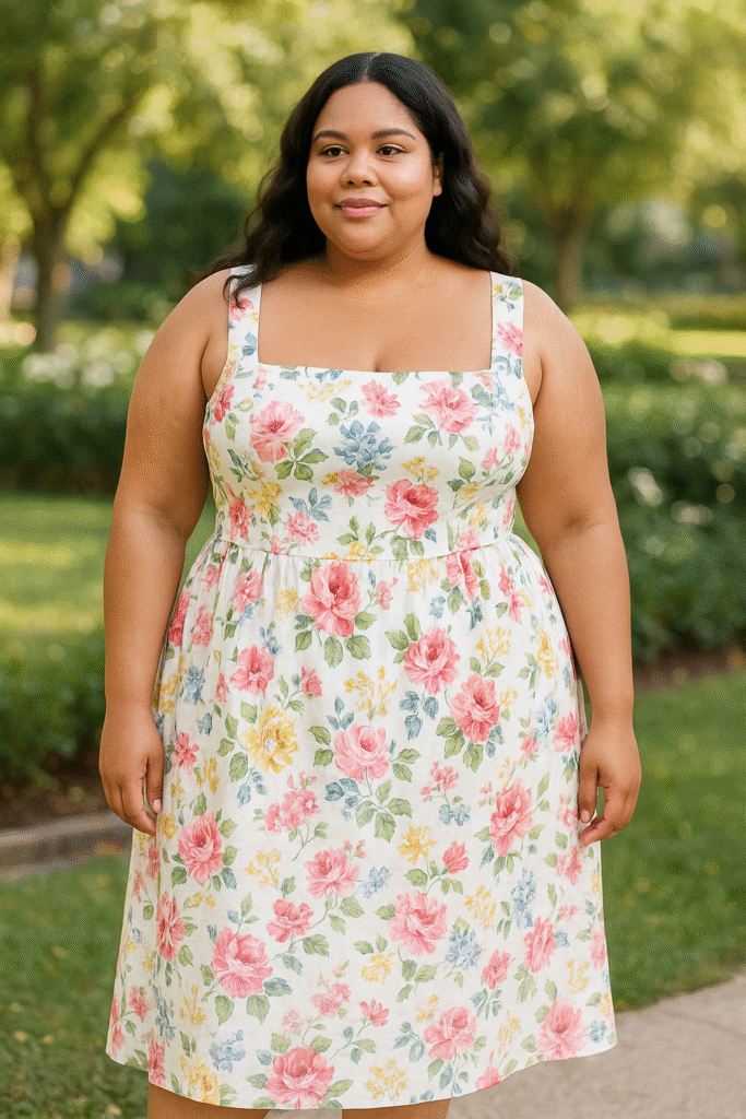 Inclusive fit—plus-size floral corset midi with square neckline. Alt: plus size floral corset dress square neck.