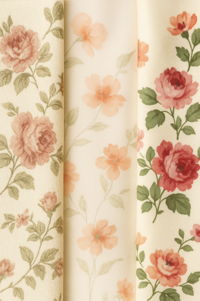 Fabric textures—jacquard, chiffon, cotton sateen swatches. Alt: floral dress fabrics for seasons.