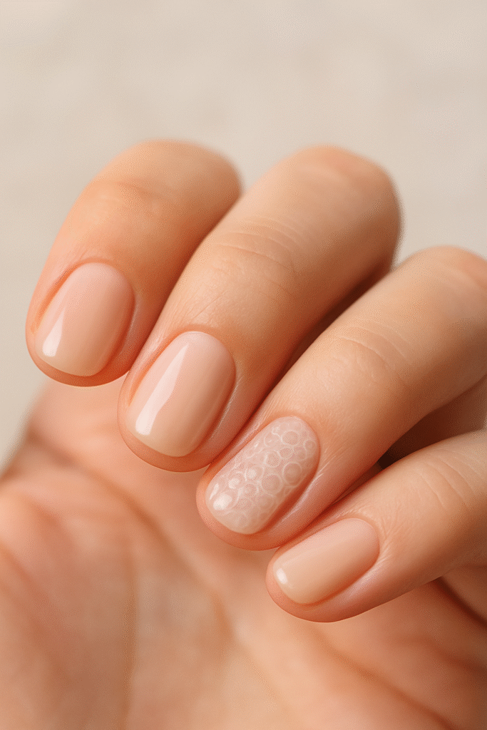 Minimal bubble nails accent on ring finger over nude manicure