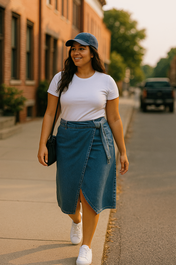 Denim wrap skirt with sneakers and baseball cap for a casual weekend in the USA