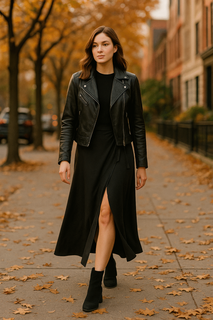 Maxi wrap skirt with boots and leather jacket for U.S. fall outfit