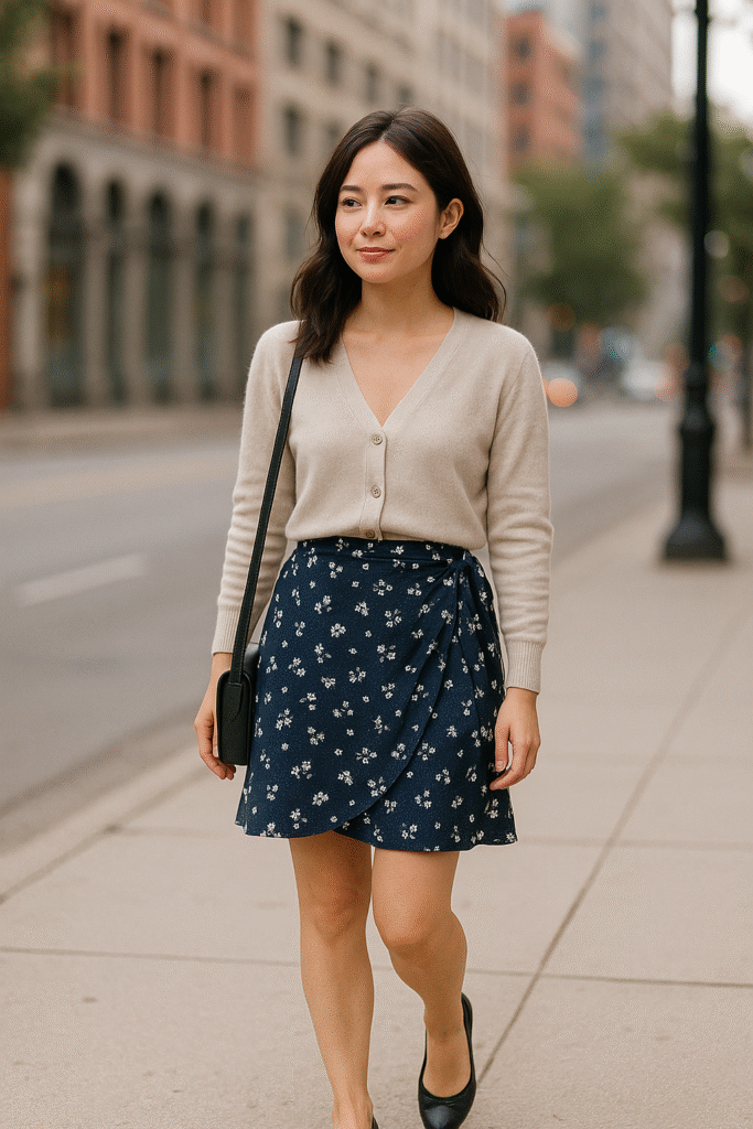 Petite wrap skirt above the knee with cardigan and ballet flats, city sidewalk