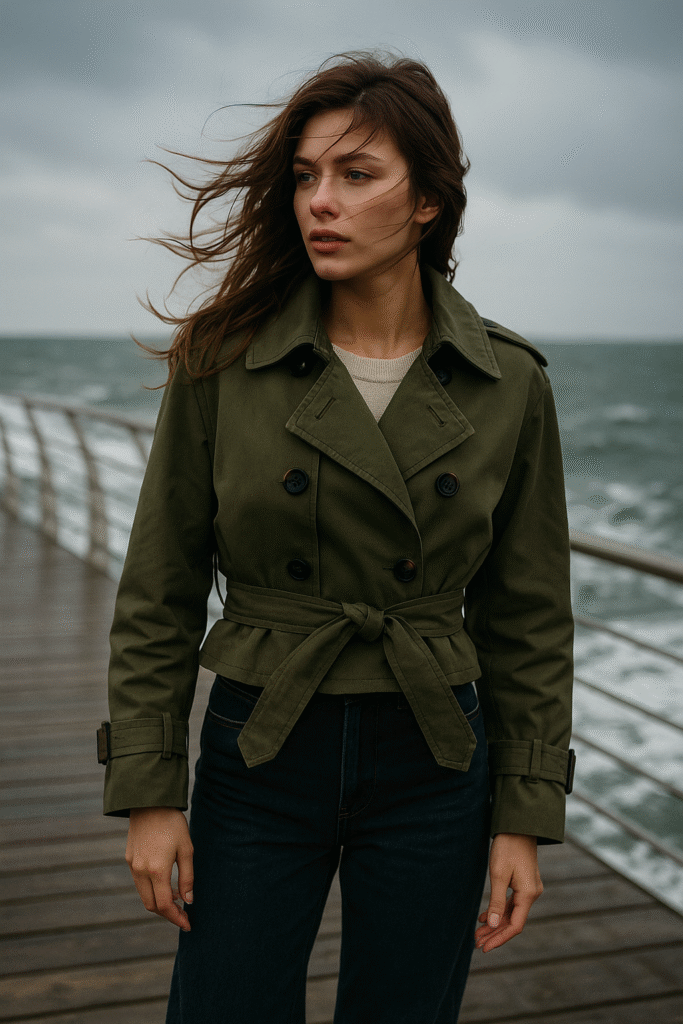 Model in an olive cropped trench coat on a windy pier