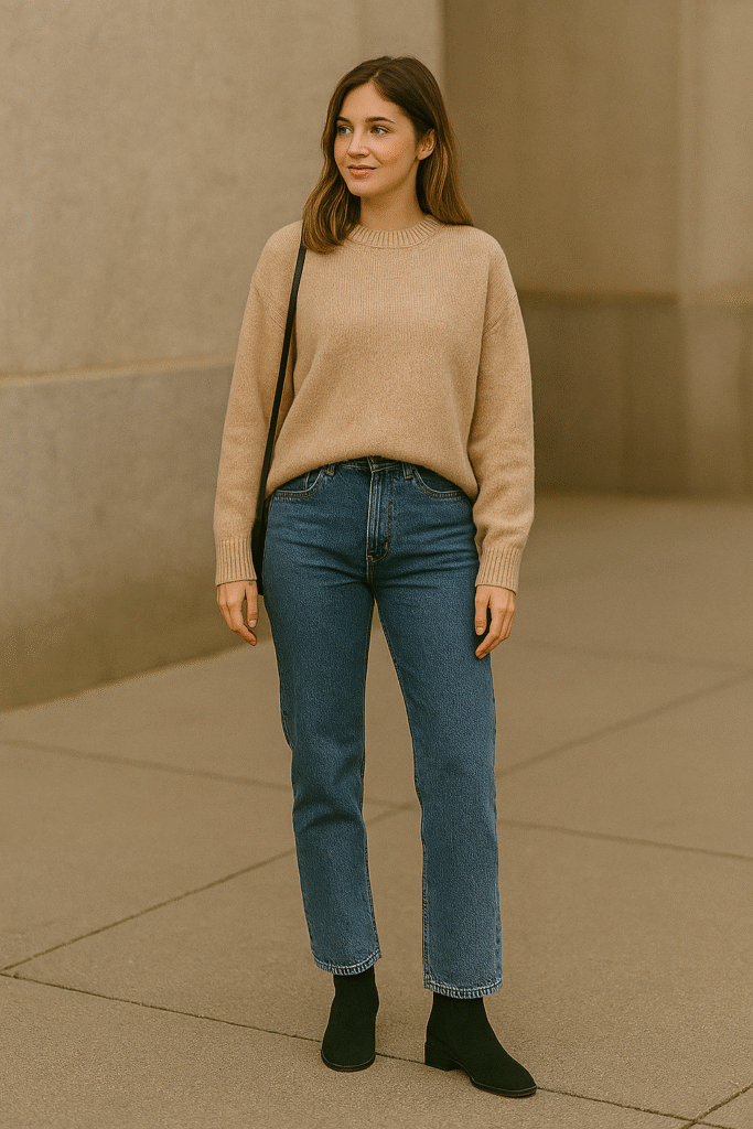 Casual fall outfit with oversized knit sweater, jeans, and ankle boots.