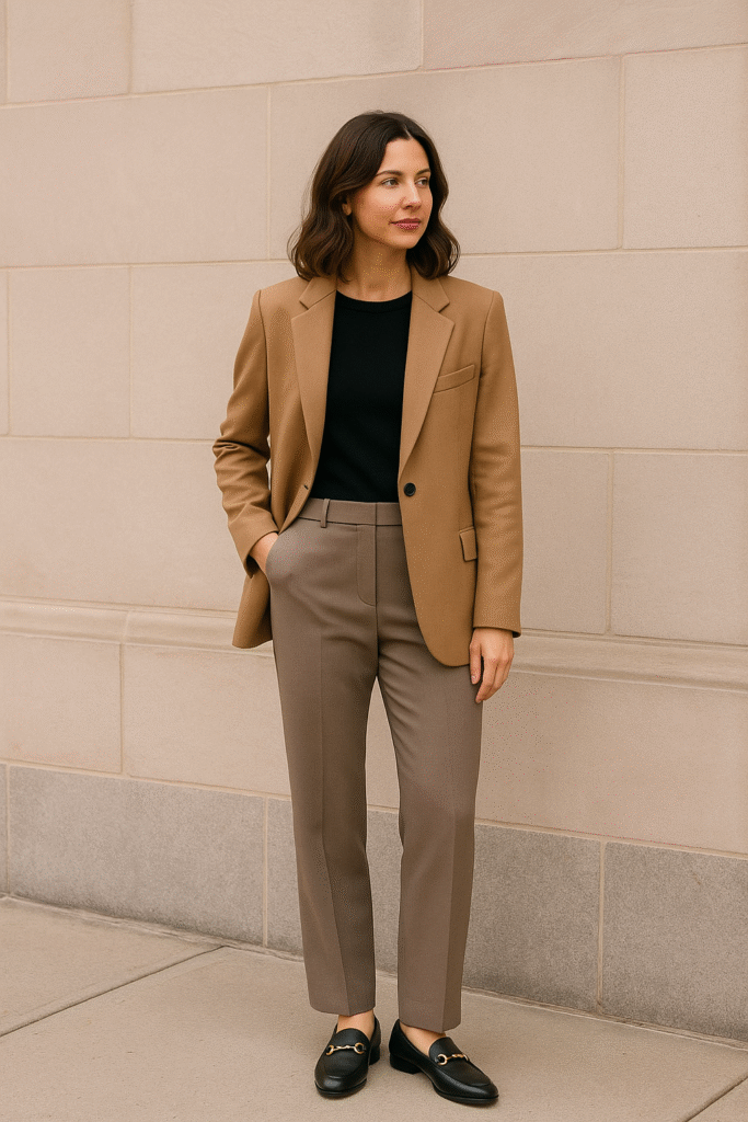 Business casual women’s fall outfit with blazer, trousers, and loafers.