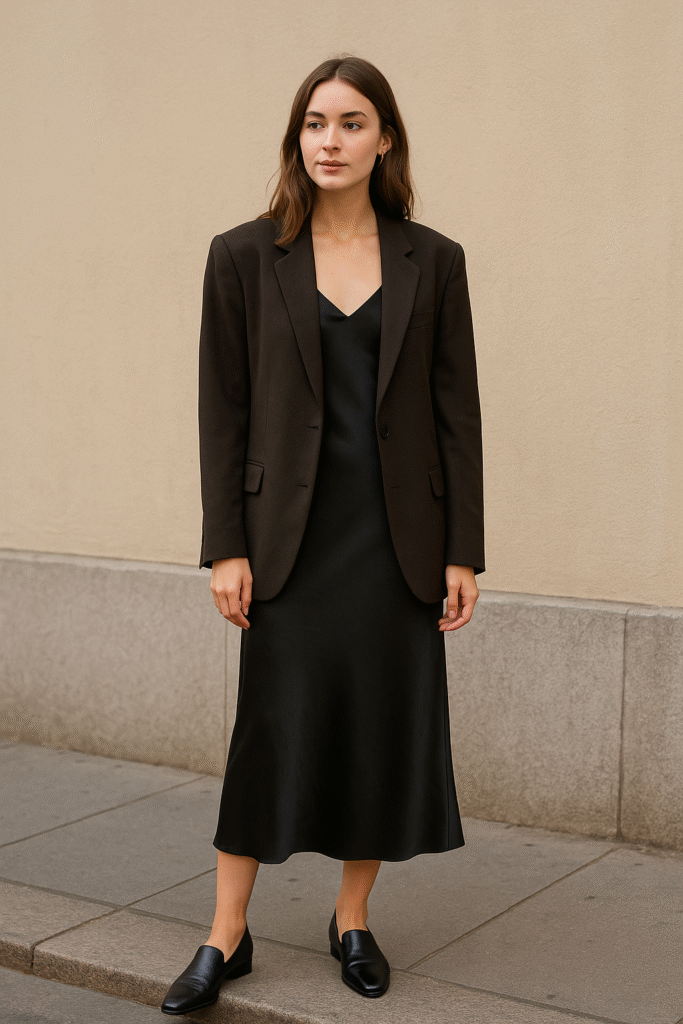 Fall evening outfit with slip dress and oversized blazer.
