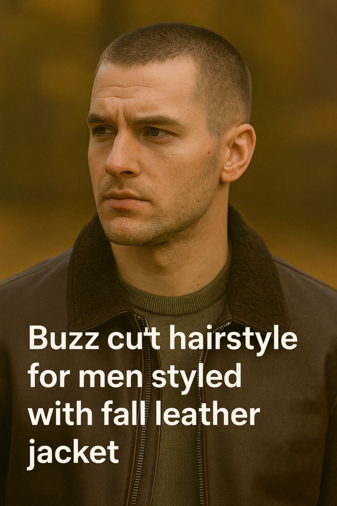 Buzz cut hairstyle for men styled with fall leather jacket.