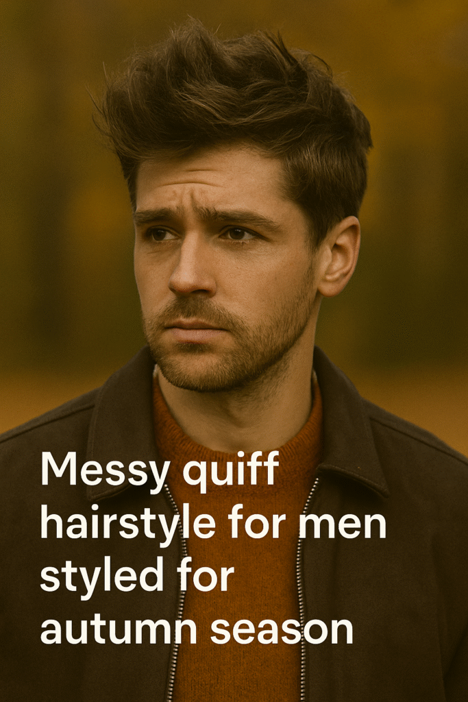 Messy quiff hairstyle for men styled for autumn season.