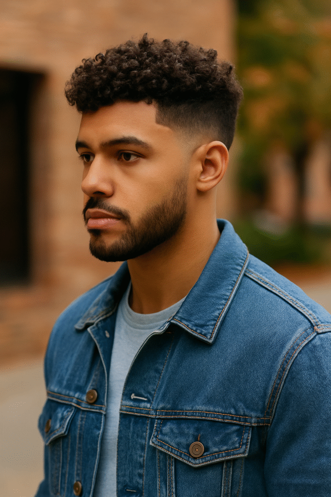 Curly top fade hairstyle for men styled with fall denim outfit.