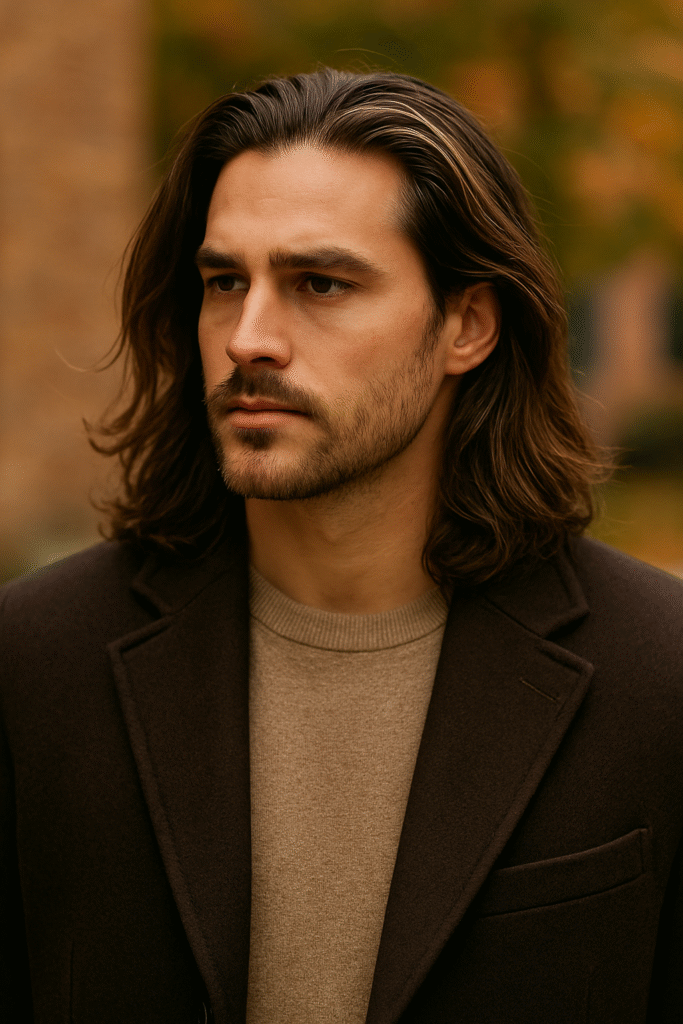 Long flow hairstyle for men styled with autumn coat.