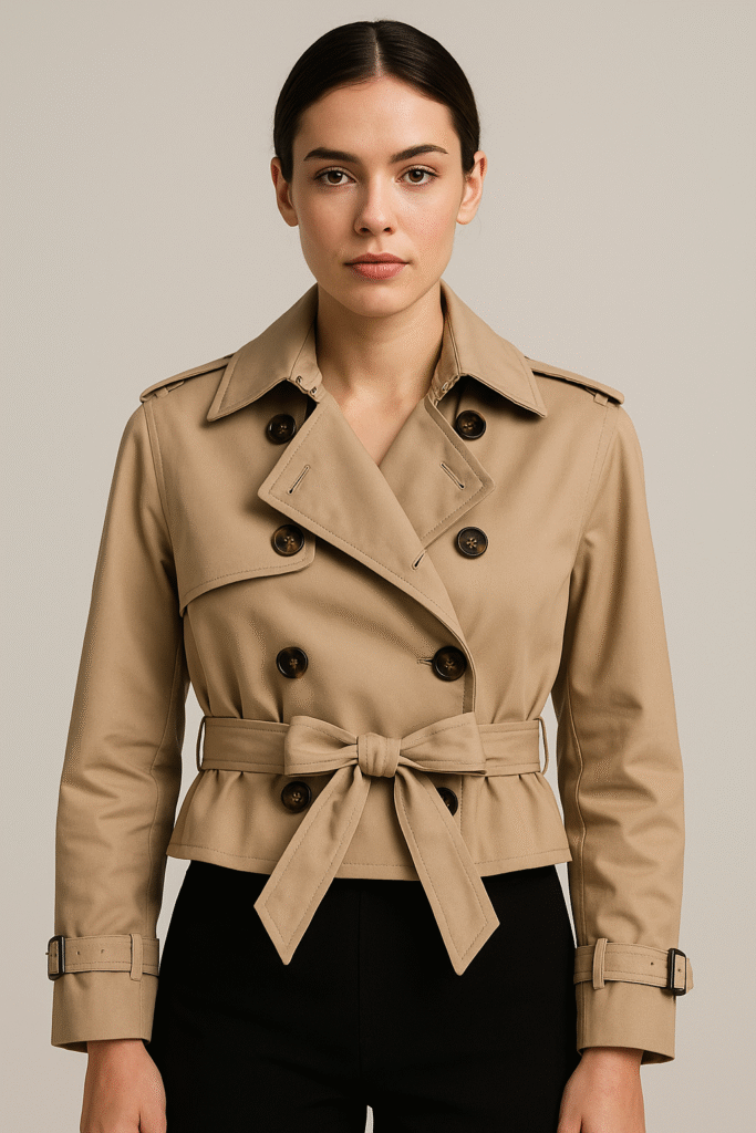 Double-breasted cropped trench with belt tied in a bow