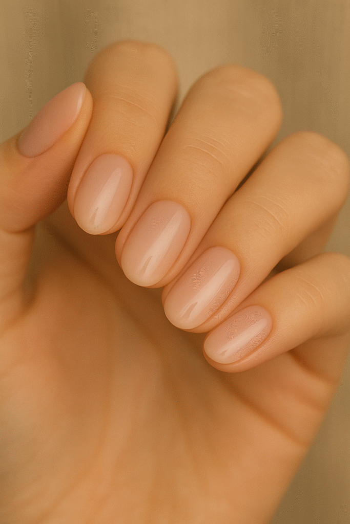Milky pink ‘soap nails’—short, glossy, natural October Nails