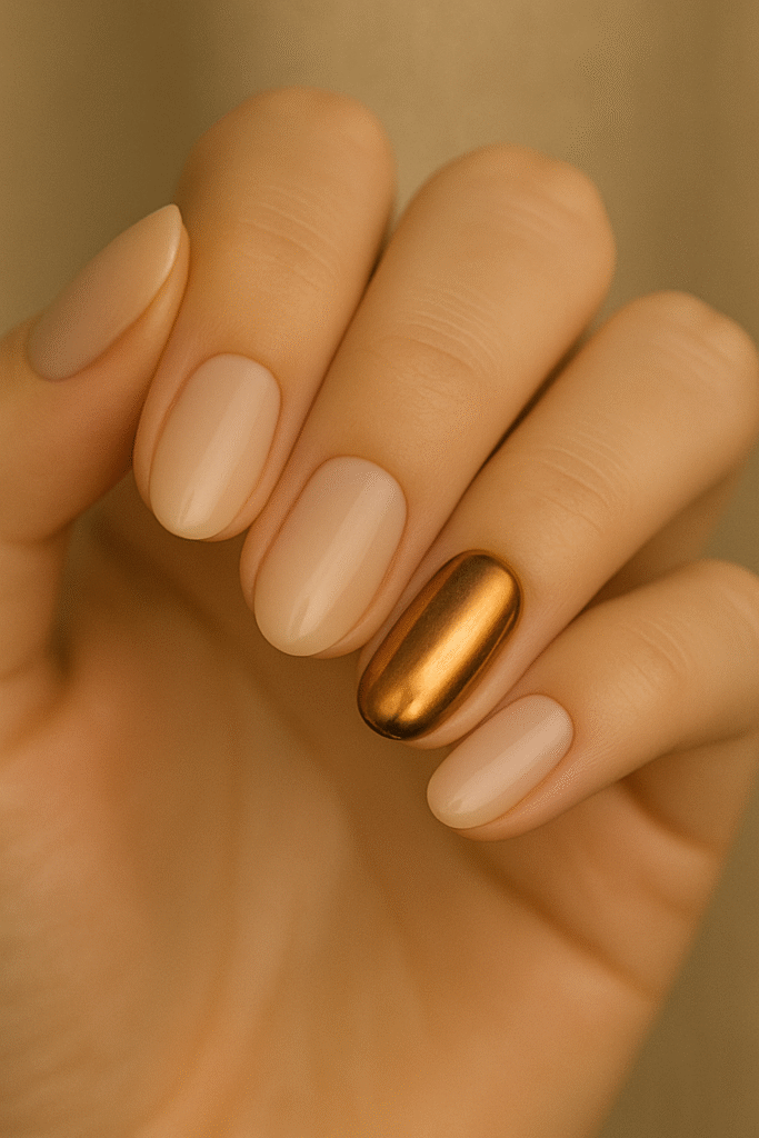 “Neutral manicure with molten bronze chrome accent nail.