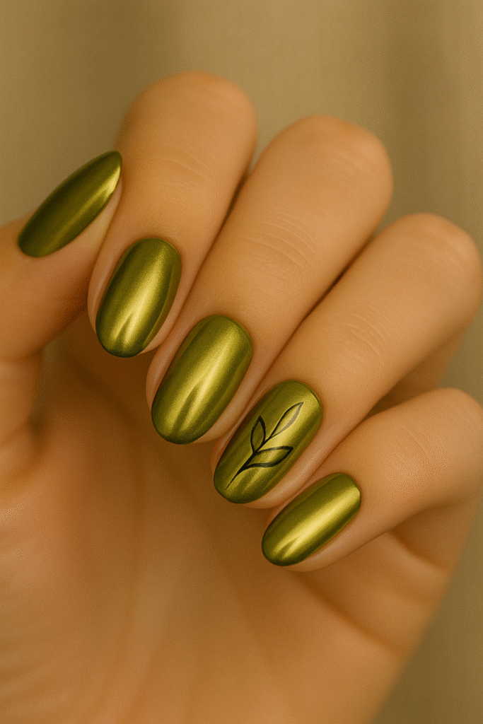 Olive chrome October Nails with minimalist leaf outlines