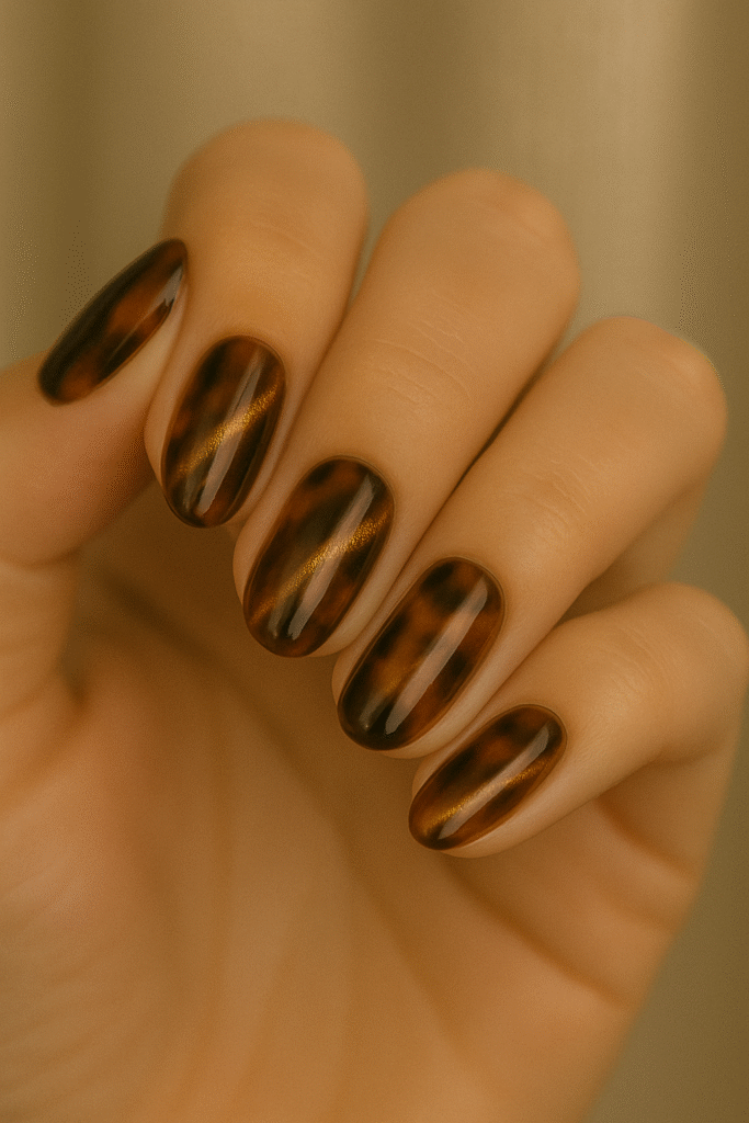 Tortoiseshell nails with magnetic cat-eye streak for depth