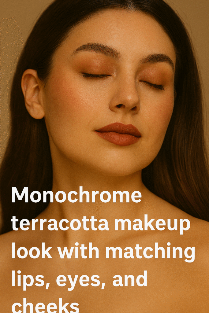 Monochrome terracotta makeup look with matching lips, eyes, and cheeks.