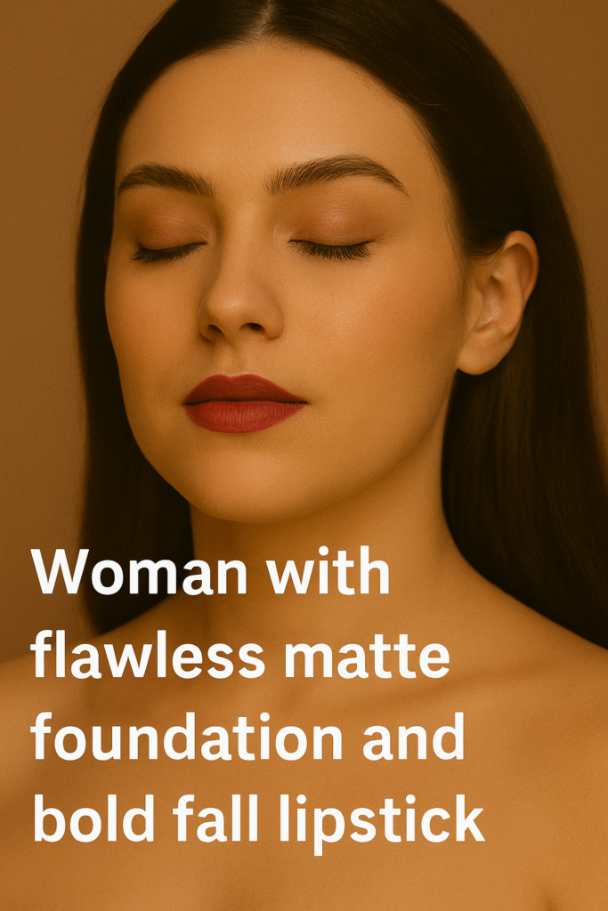 Woman with flawless matte foundation and bold fall lipstick.