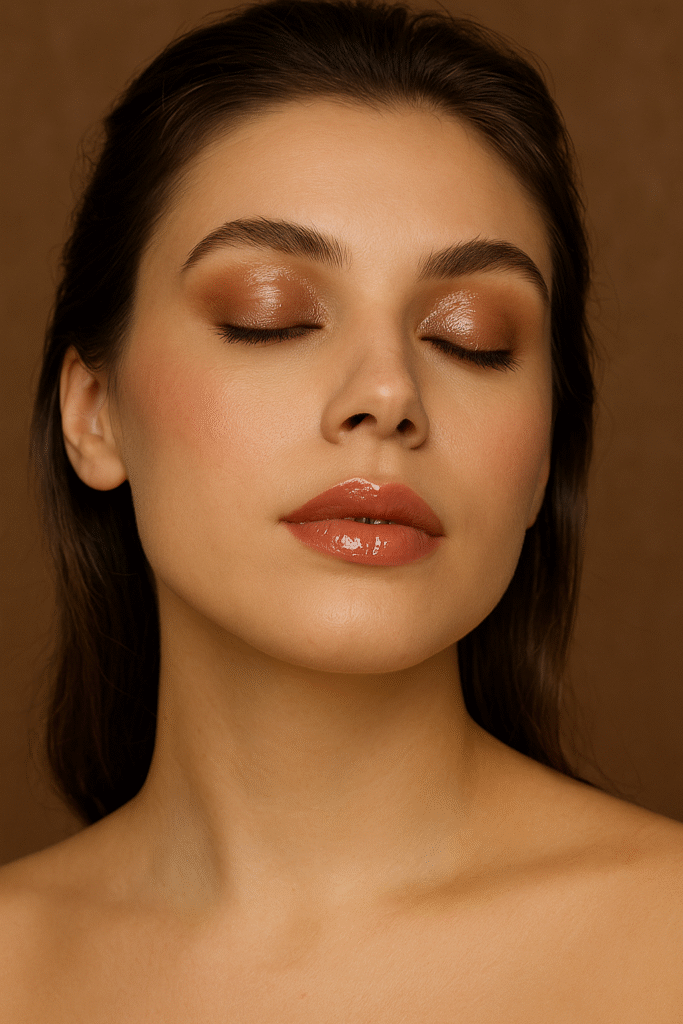 Woman with glossy lips and subtle glossy eyeshadow for fall.